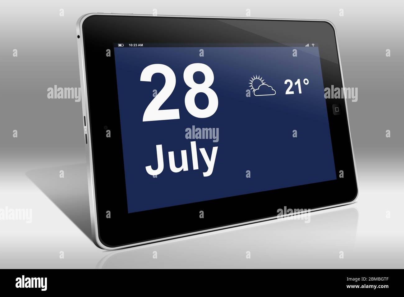A tablet computer displays a calendar in English language with the date ...