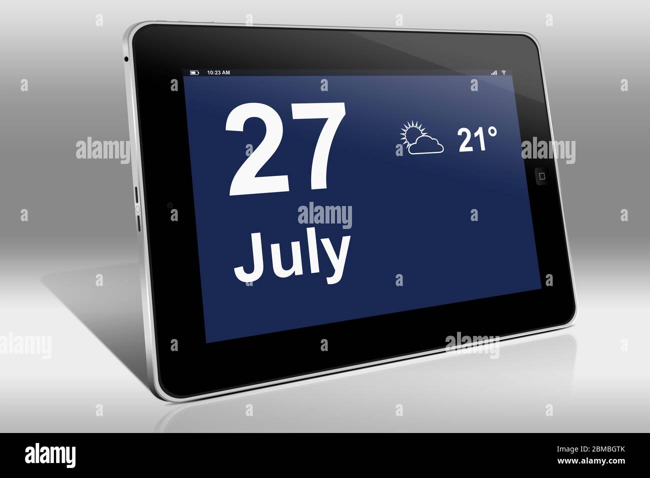 A tablet computer displays a calendar in English language with the date July 27th | Ein Tablet-Computer zeigt in Englischer Sprache den 27. Juli Stock Photo