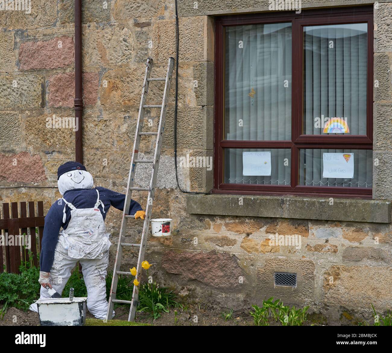 Scarecrow Competition. Dallas, Moray, UK. 8th May, 2020. UK. This is examples of Scarecrows within the village of Dallas in Scotland. This is provide entertainment during the COVID-19 Lockdown. Credit: JASPERIMAGE/Alamy Live News Stock Photo
