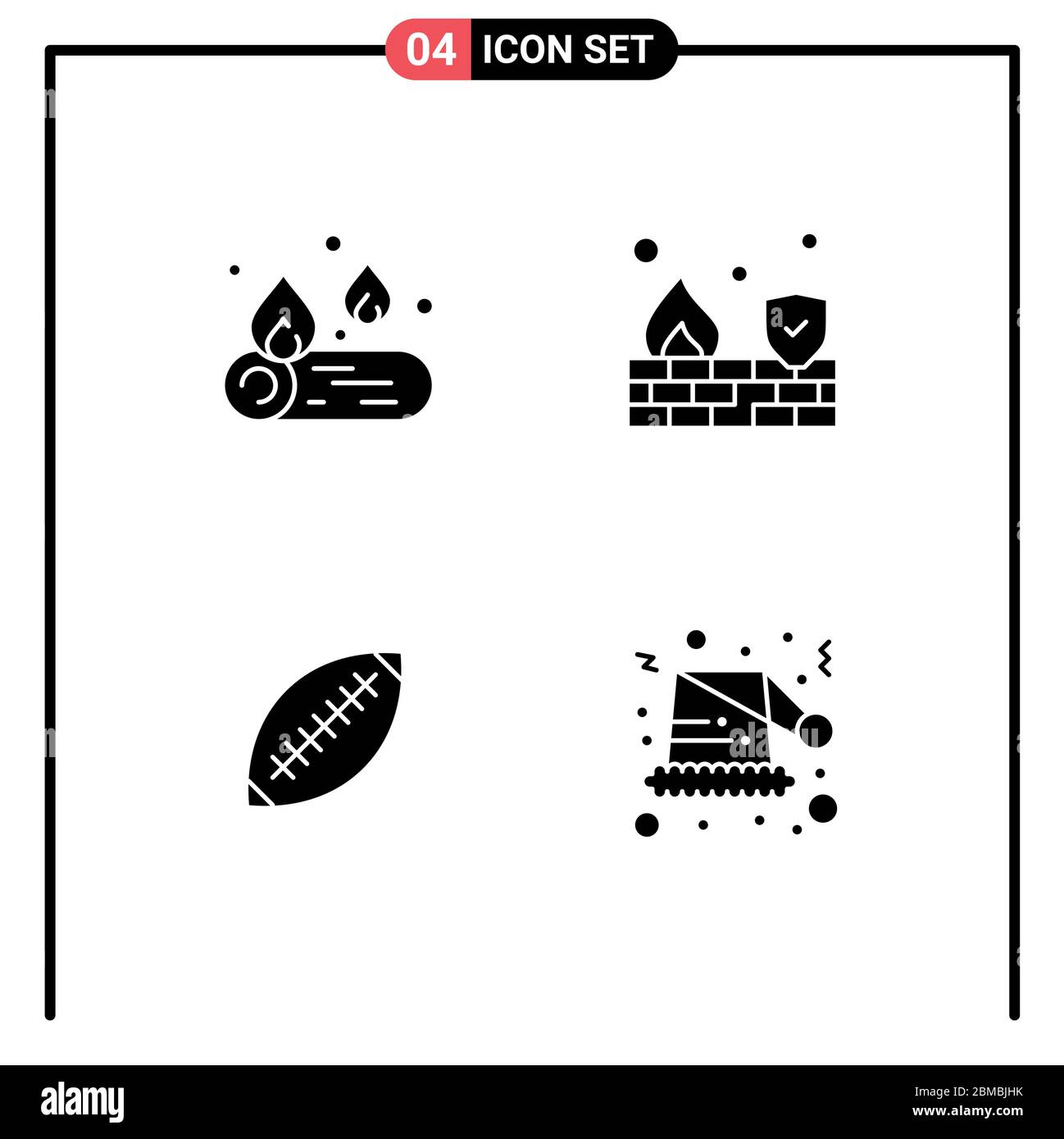Set of 4 Commercial Solid Glyphs pack for camp, football, fire, wall, rugby ball Editable Vector Design Elements Stock Vector