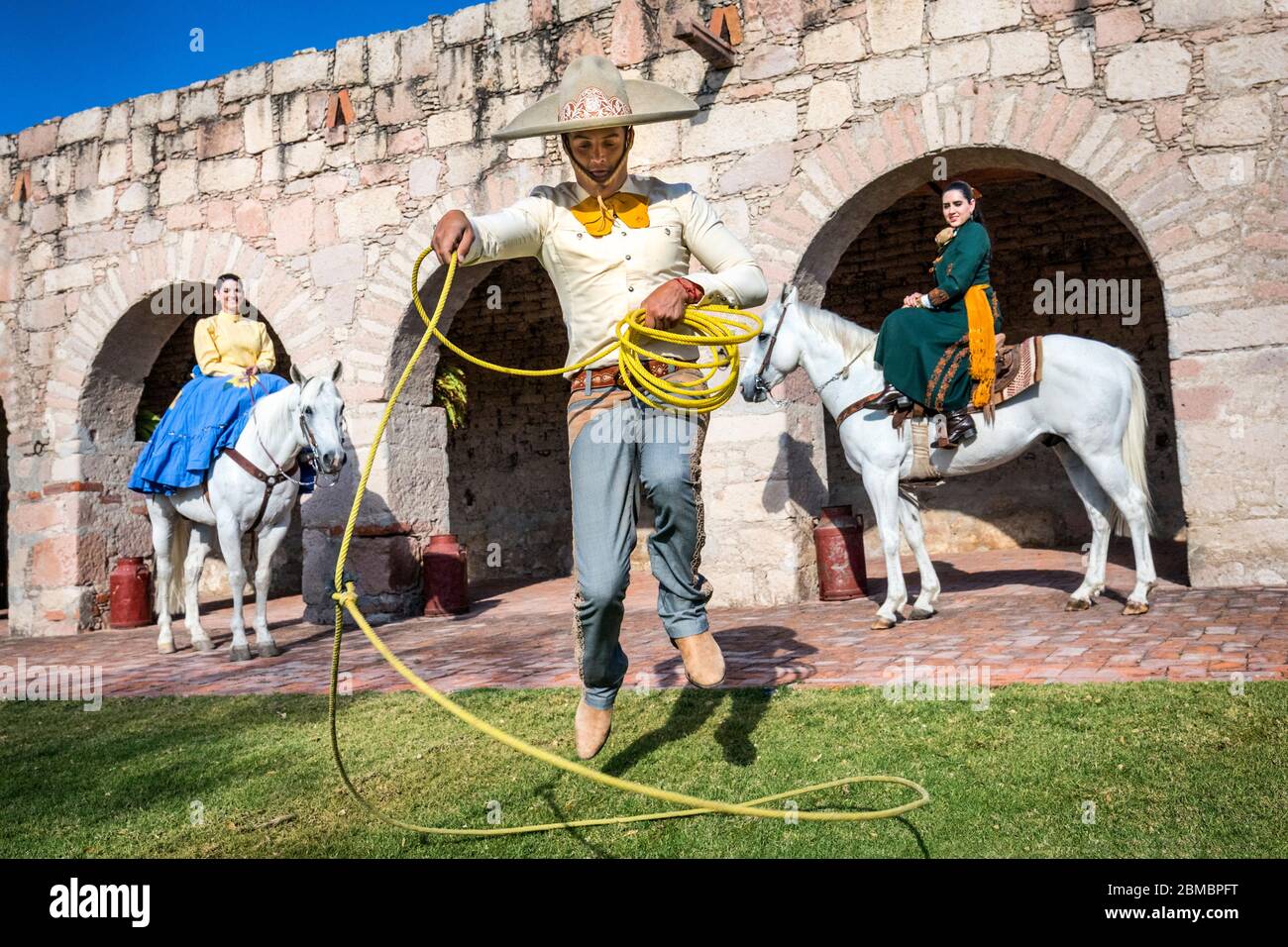 Hugo Pedrero works the rope at Hacienda La Cantera in Lagos de Moreno, Jalisco, Mexico. Stock Photo