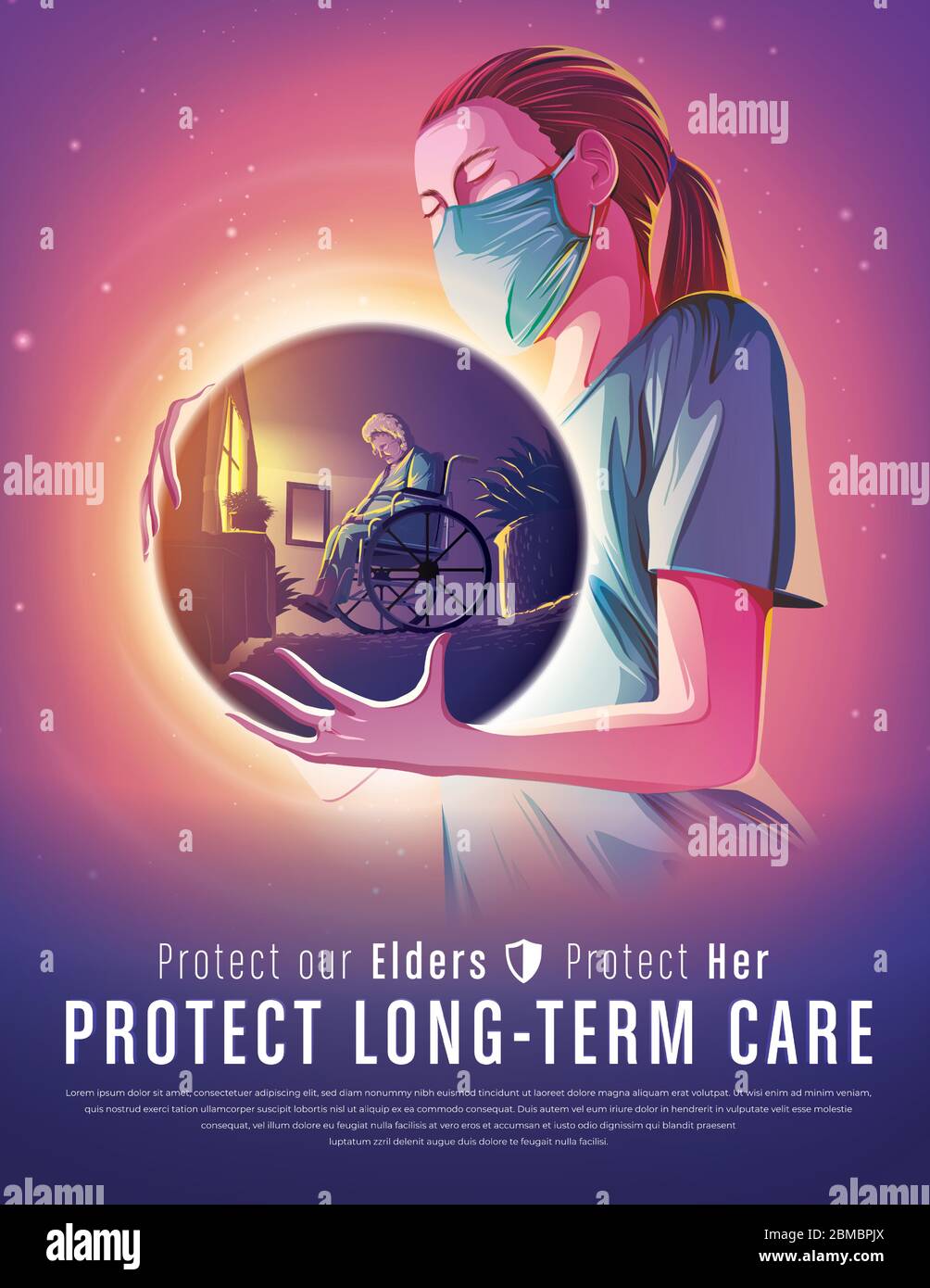An imaginary illustration featuring the female long-term care worker holding an abstract spherical shape that has the image of the female elder sittin Stock Vector