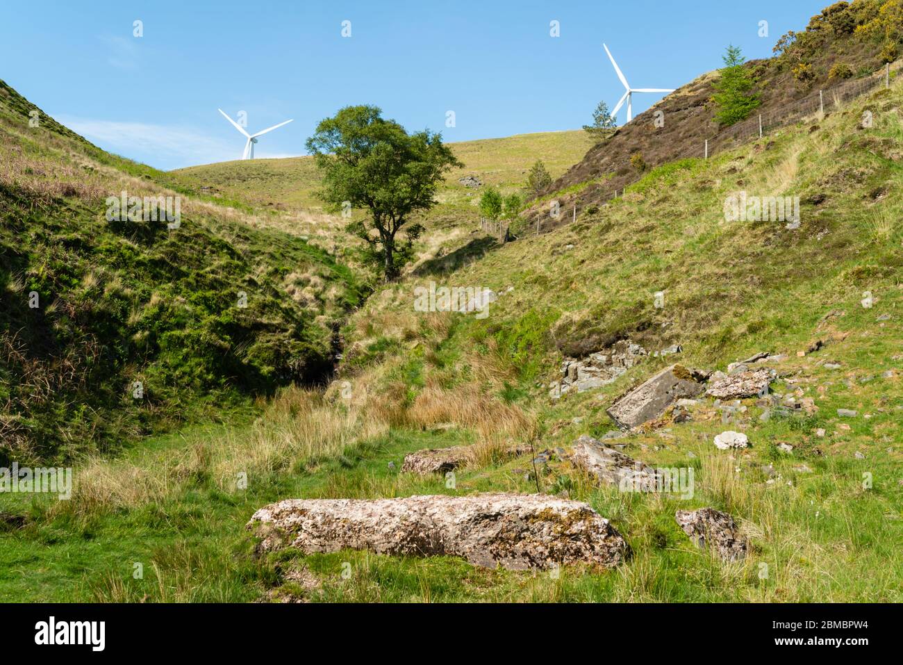 Lone tree in a valley with remianis of a building in the foreground and wind turbines on a hill in the distance Stock Photo