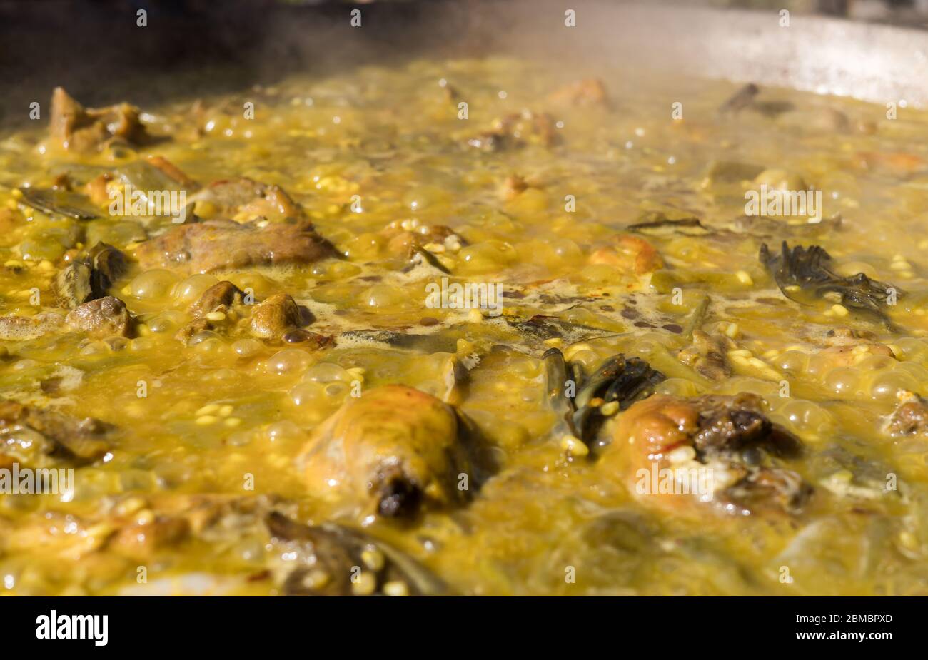 Cooking authentic Valencian paella with chicken meat, rabbit meat