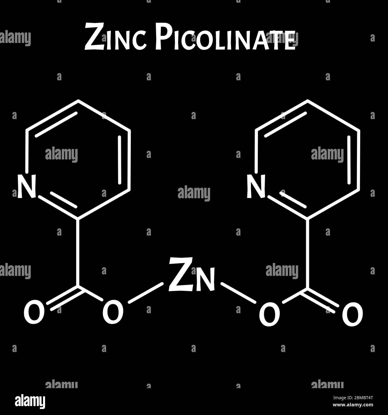 Zinc picolinate molecular chemical formula. Zinc infographics. Vector
