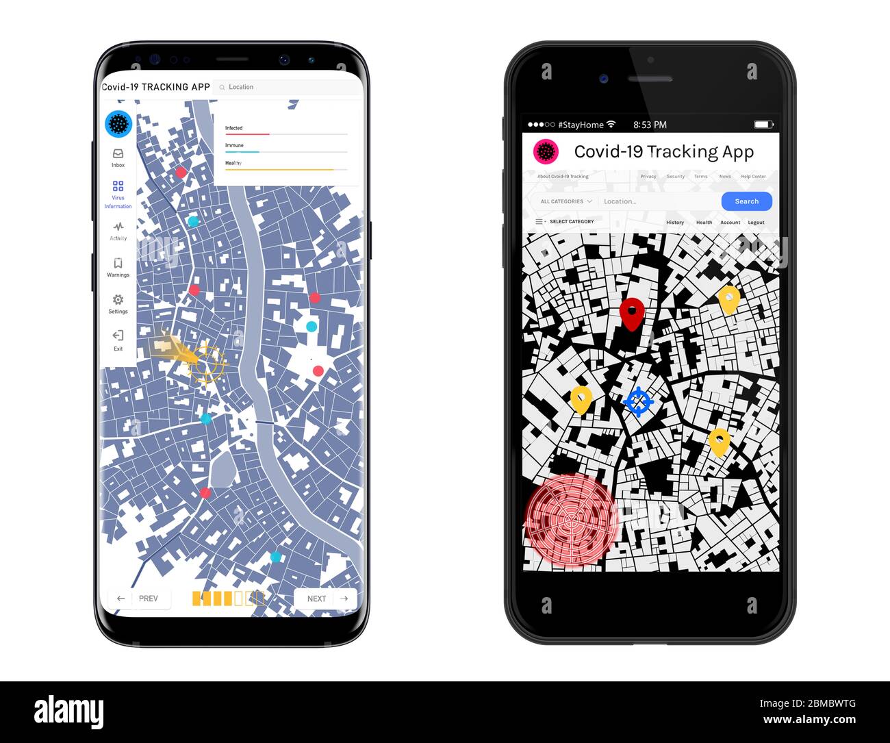 Corona virus and Covid-19 tracking app user interface on different smartphone screens Stock Photo