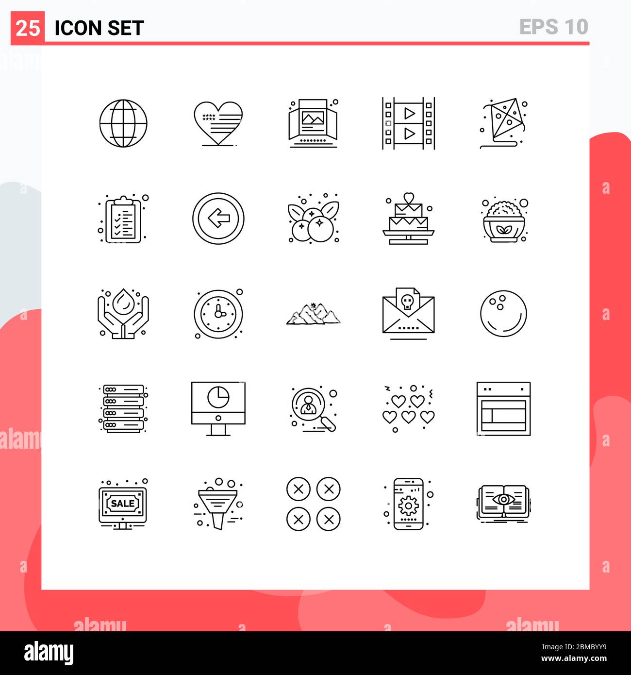 Pack of 25 creative Lines of fly, multimedia, advertisement, movie, film Editable Vector Design Elements Stock Vector