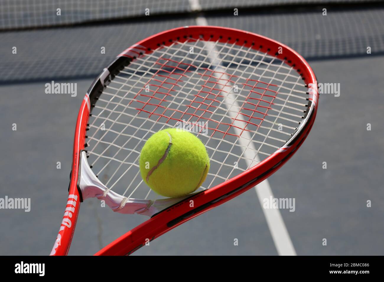 Tennis ball on a tennis racquet with tennis court in the background