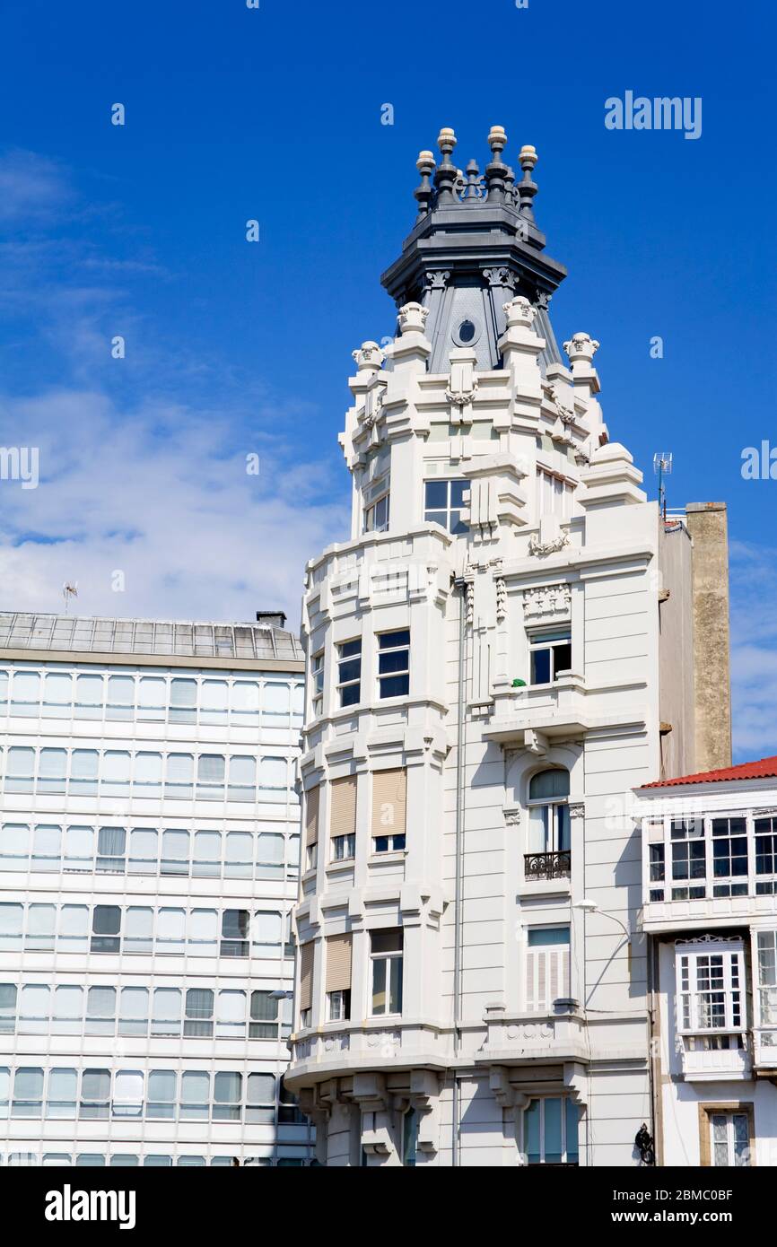 Galerias (glass-fronted balconies) on Marina Avenue, La Coruna City, Galicia, Europe Stock Photo