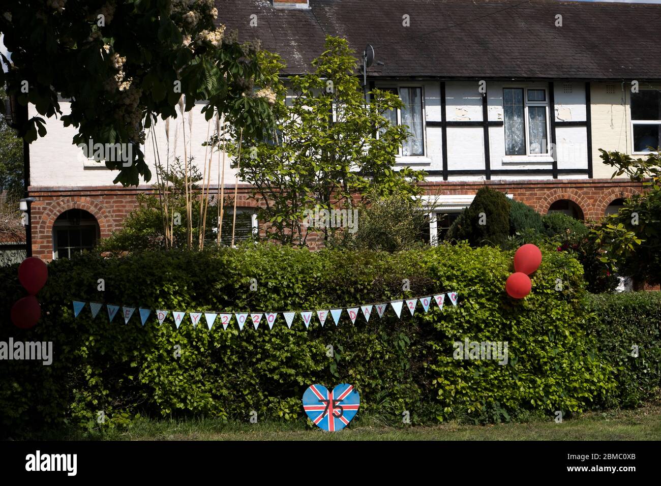 A Union Jack shaped heart VE Day display in Bugbrooke, Northamptonshire