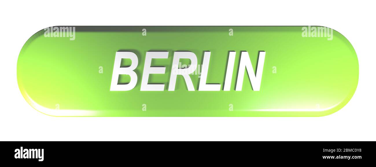 BERLIN green rounded rectangle push button - 3D rendering illustration ...