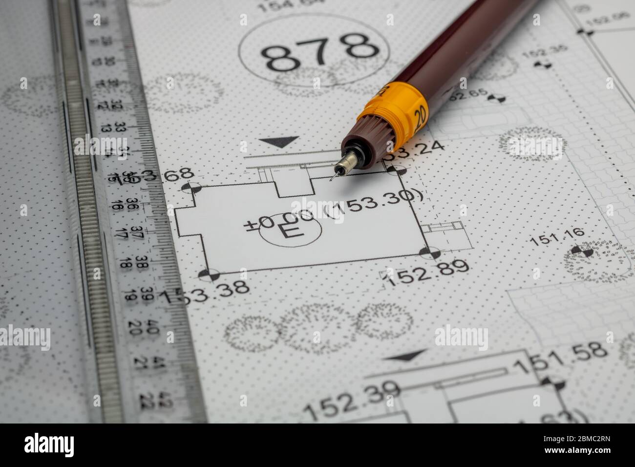 Ruler and pen on the architectural plan Stock Photo