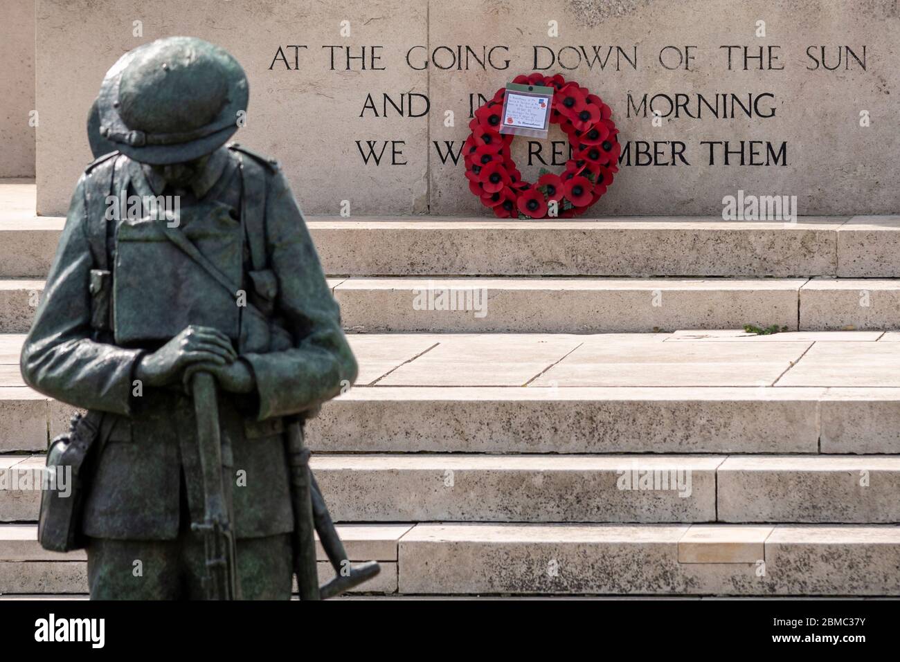 At 11am on the 75th anniversary of VE Day the Mayor of Southend Councillor John Lamb laid a commemorative wreath at the Southend on Sea War Memorial Stock Photo