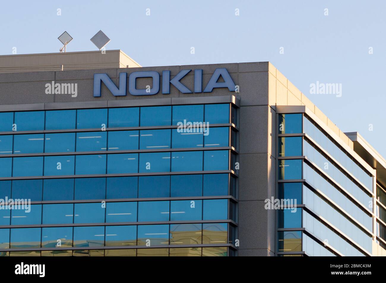 The Nokia logo is seen at Nokia Bell Labs Silicon Valley office in Sunnyvale, California, on Feb 11, 2020. Stock Photo
