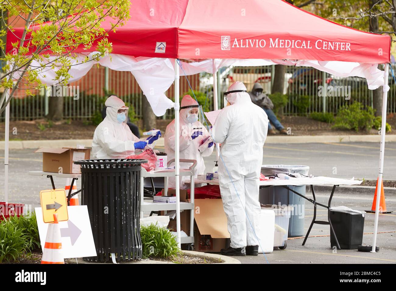 A group of technicians at a community health center perform free exams on neighborhood residents to test for the covid-19 coronavirus Stock Photo