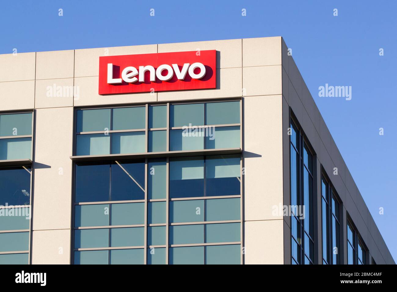 The Lenovo sign is seen at Lenovo Santa Clara office on Feb 7, 2020. Lenovo Group Limited is a Chinese multinational technology company. Stock Photo