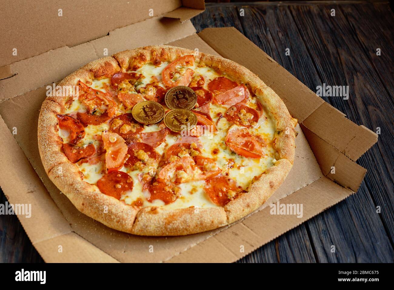 Bitcoin Pizza Day 22 May. cryptocommunity holiday. 2 pizzas for a price of  10000 Bitcoins. Pizza Index Stock Photo - Alamy