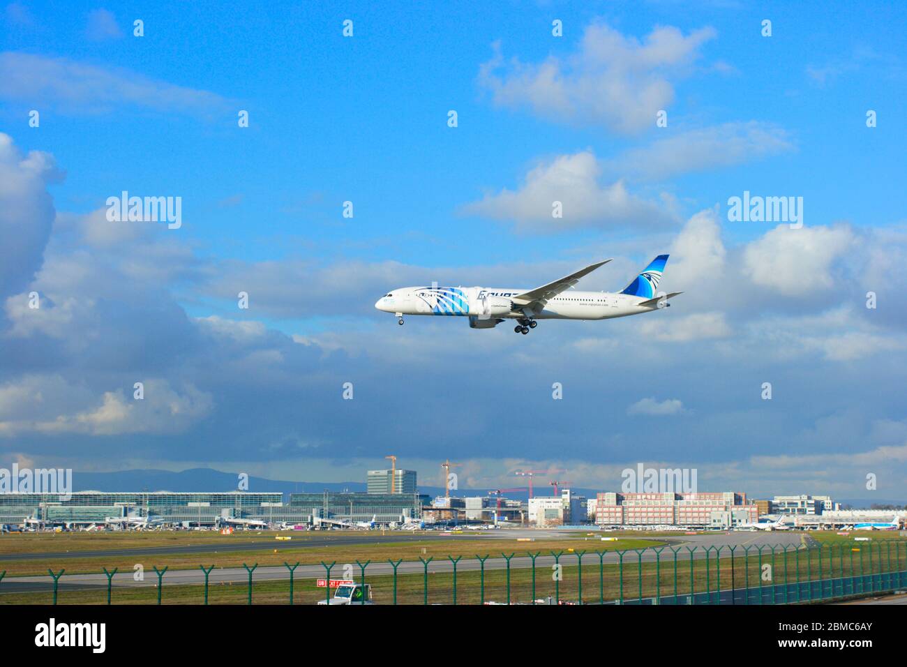 Egyptian airlines flight landing in Frankfurt airport. Germany Stock Photo