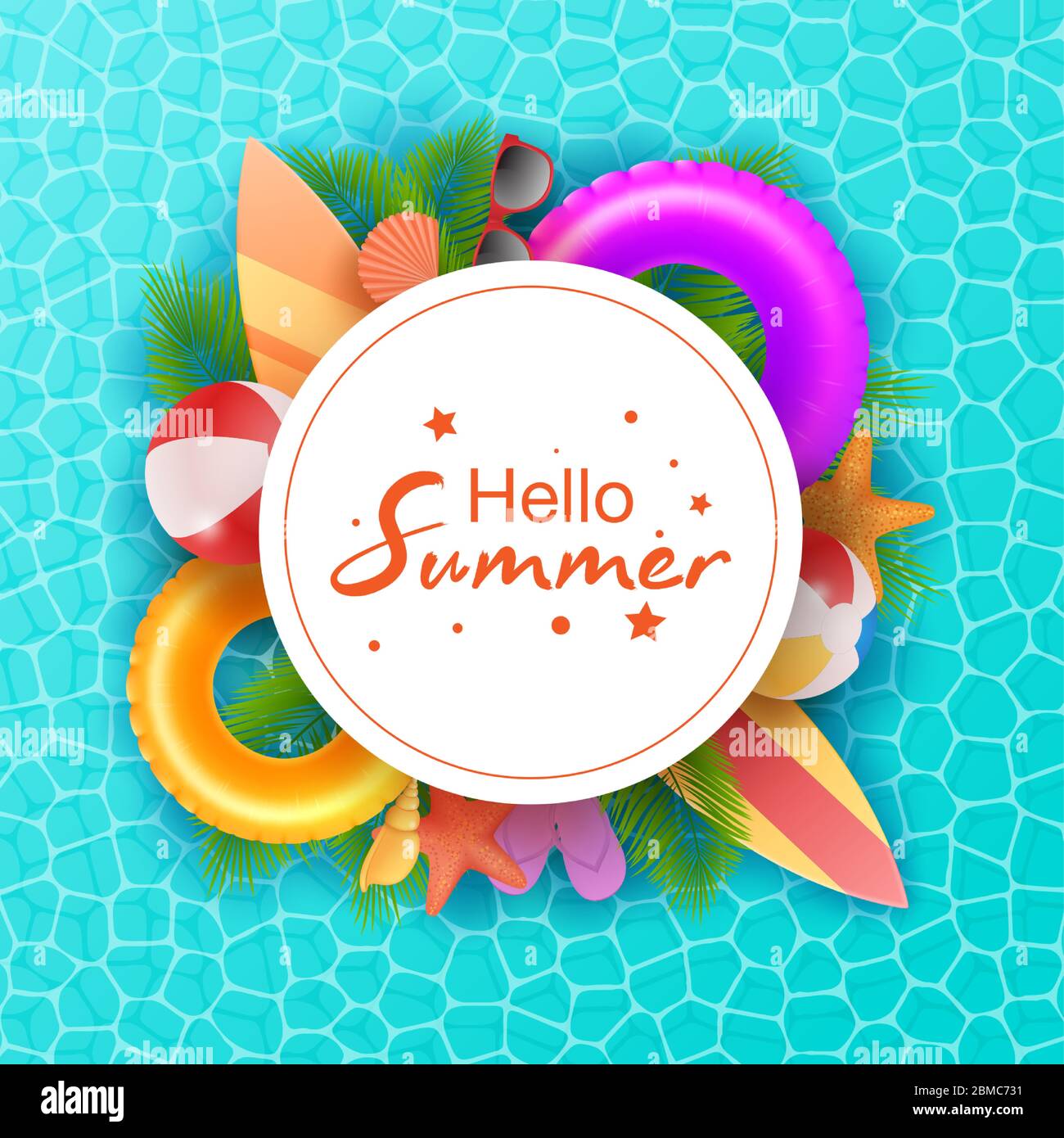 Hello Summer typographic on withe circle background. Tropical plants, flower, beach ball, sunglasses, cocktail, ice cream, watermelone, orange and sea Stock Vector