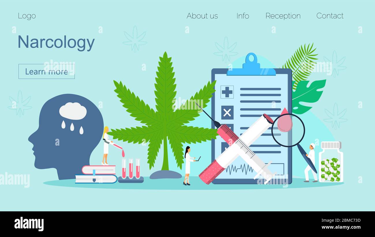 Narcology concept vector for landing page. Tiny narcologist doctors treat human against drug, tobacco addiction. Psychiatrists helps patient, mental Stock Vector