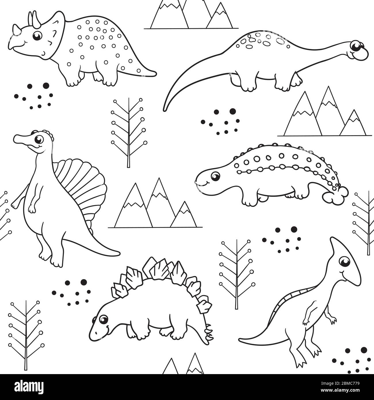 seamless vector pattern in black and white on a white background with various cute cartoon dinosaurs with trees, mountain. for Wallpaper, printing on Stock Vector