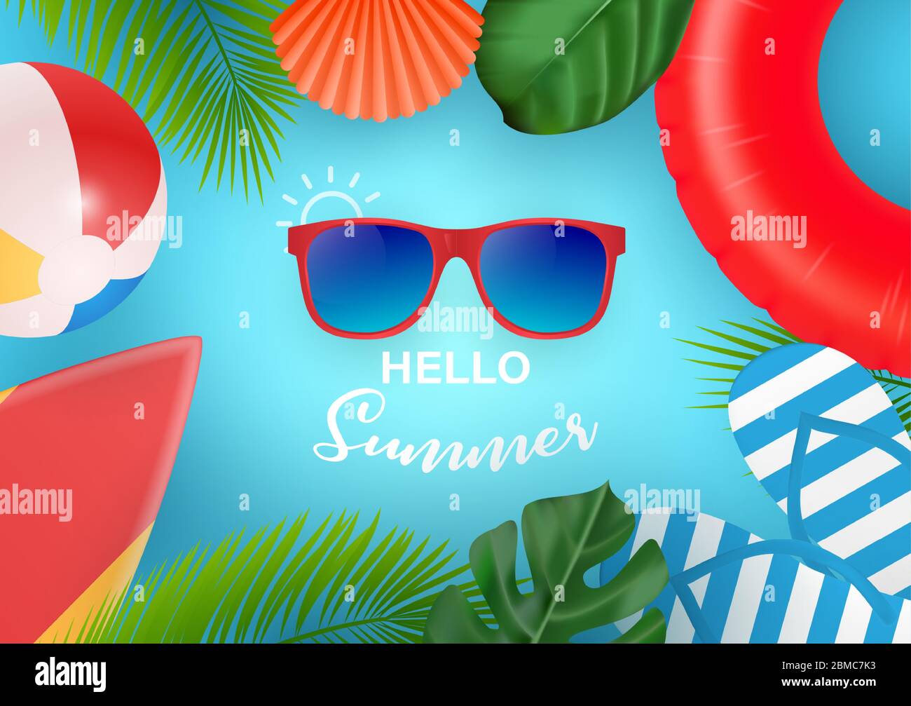 Hello Summer web banner. Top view on summer composition with realistic objects and tropical fruit on wooden texture. Vector illustration. Concept of Stock Vector