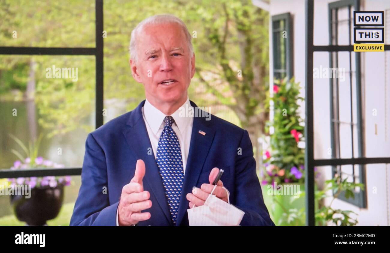 May 08, 2020 - Wilmington, Delaware, USA: A screengrab of Vice President JOE BIDEN appearing on Now This News to lay out his general election economic argument. U.S. unemployment rate is now the worst since the Great Depression of the 1930's. Credit: Brian Cahn/ZUMA Wire/Alamy Live News Stock Photo