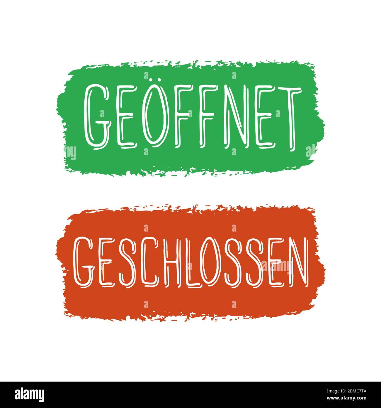 Hand sketched set Geschlossen Geoeffnet quotes in German. Translated Open Closed. Lettering for poster, card, flyer, ad, banner, signboard Stock Vector