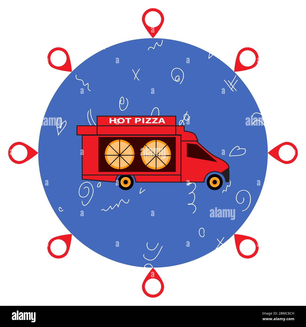 Red pizza truck. Pizza delivery around globe. Map tag icons around blue
