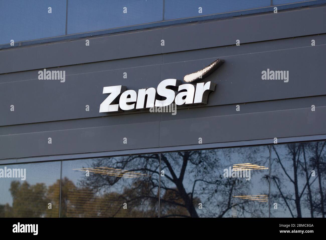 The ZenSar sign is seen at the India-based software and technology services company Zensar Technologies Limited's San Jose office in California. Stock Photo