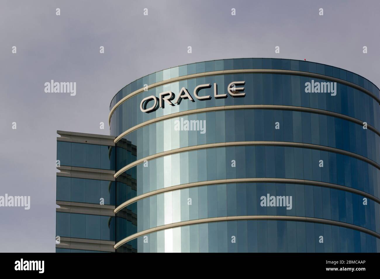 The Oracle sign is seen at Oracle Corporation Headquarters in Redwood Shores, California, on Feb 16, 2020. Stock Photo