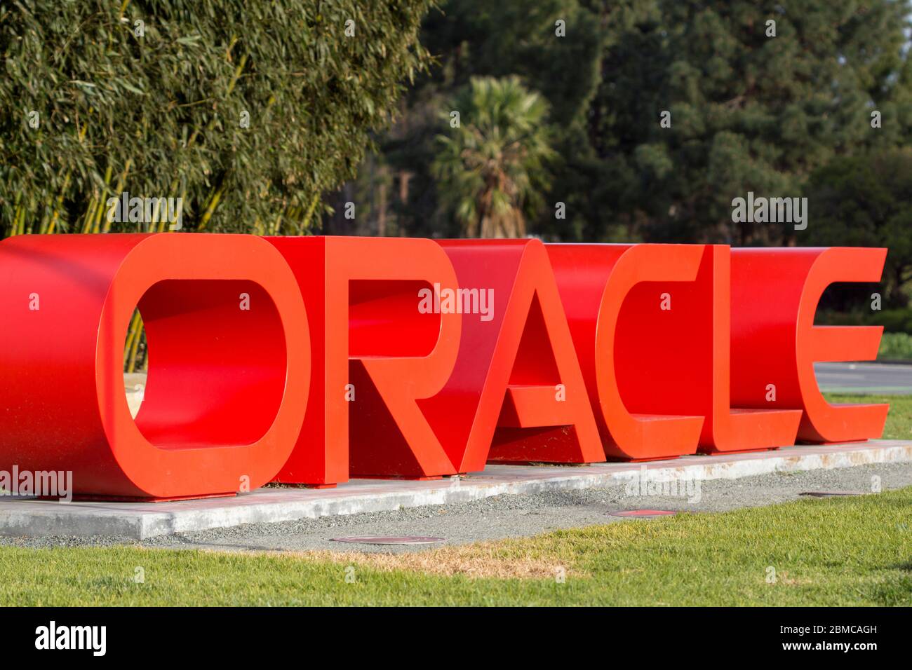The Oracle sign is seen at the entrance to Oracle Corporation Headquarters in Redwood Shores, California, on Feb 16, 2020. Stock Photo