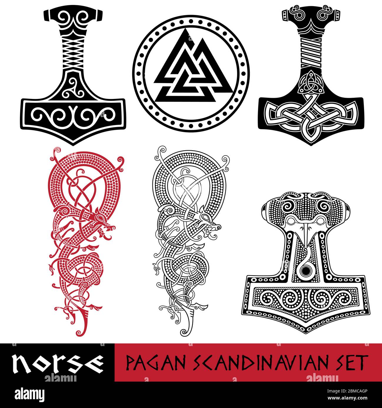 Scandinavian pagan set - Thors hammer - Mjollnir, Odin sign - Valknut and world dragon Jormundgand. Illustration of Norse mythology Stock Vector