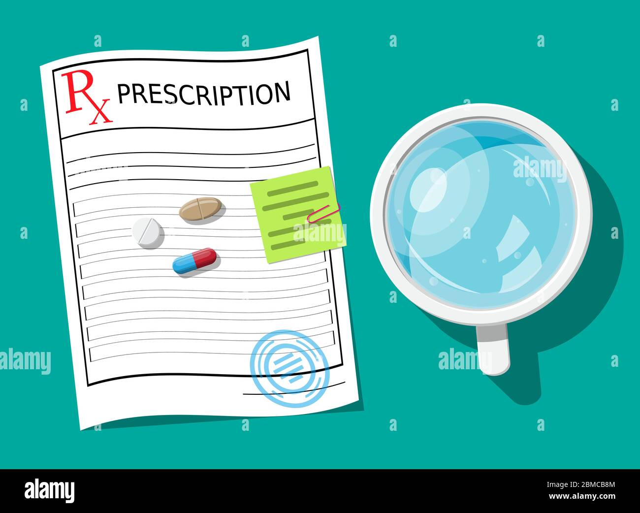 Glass of water, prescription, pills, capsules for illness and pain ...