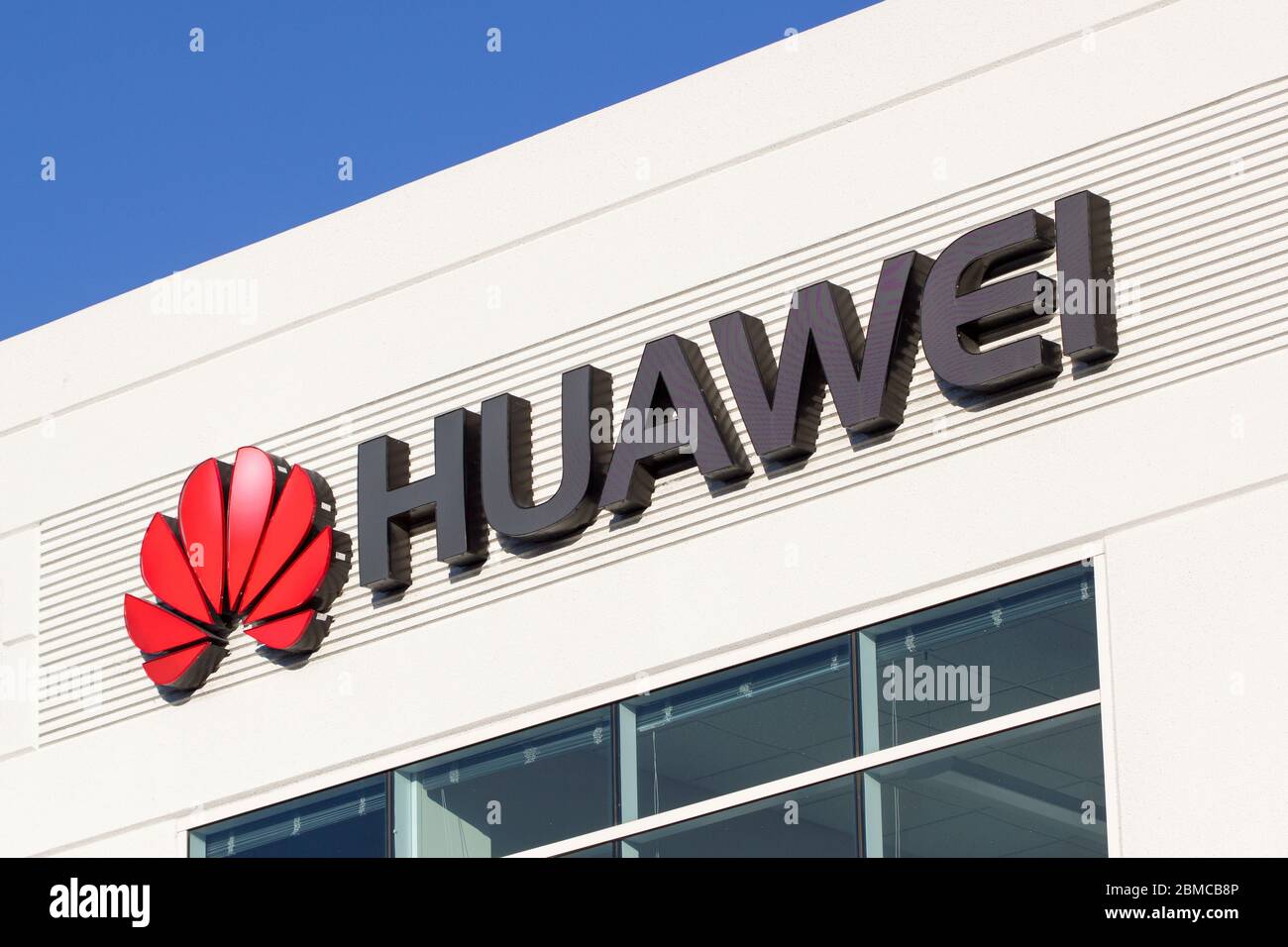The Huawei logo seen at Chinese multinational technology company Huawei Technologies Co., Ltd.'s Santa Clara campus. Stock Photo