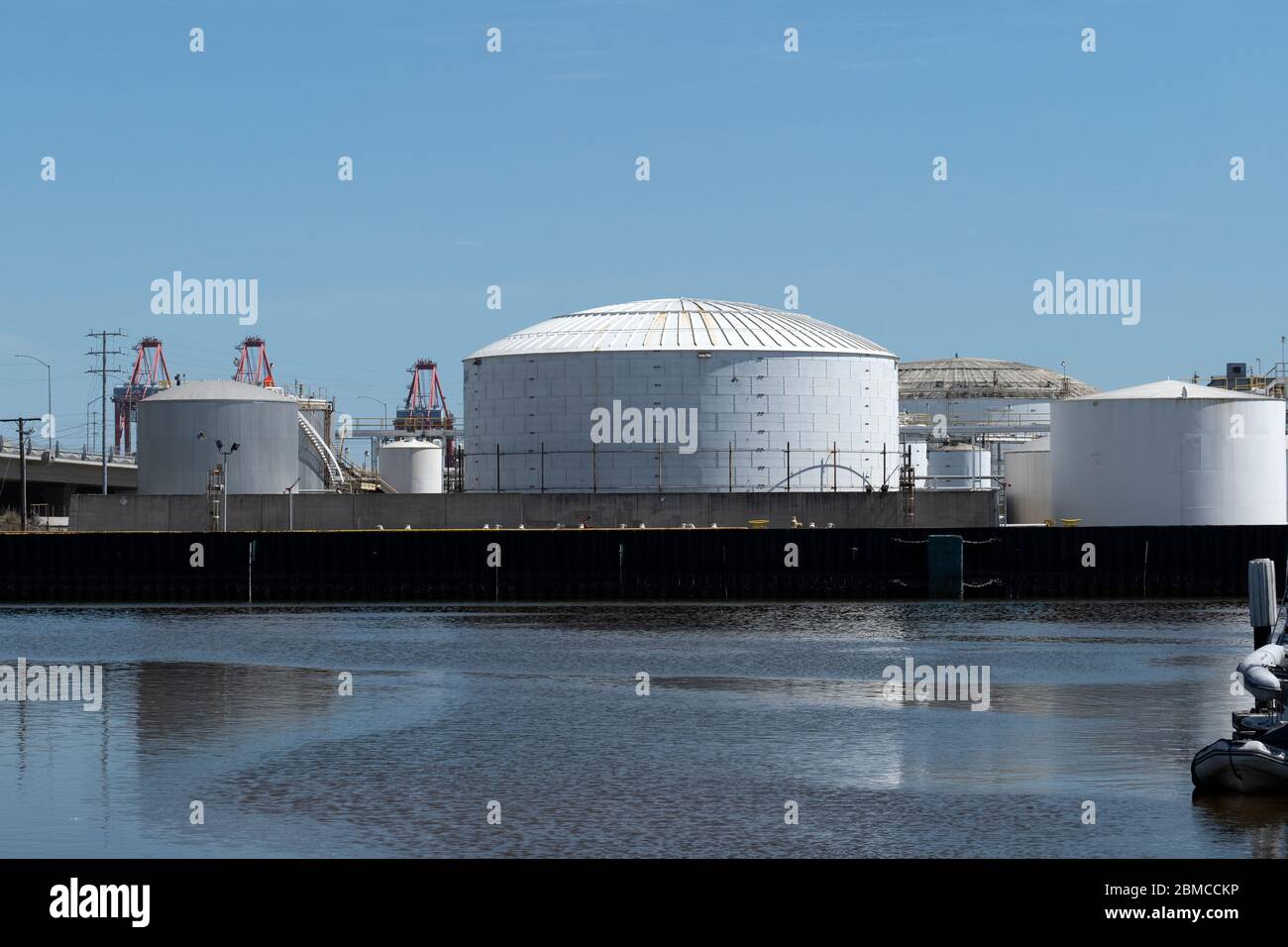 Crude oil and chemican storage tanks in Los Angeles Harbor Stock Photo