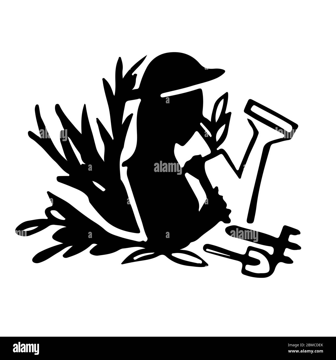 Black silhouette cute woman gardener with gardening equipment design flat vector illustration on white background Stock Vector