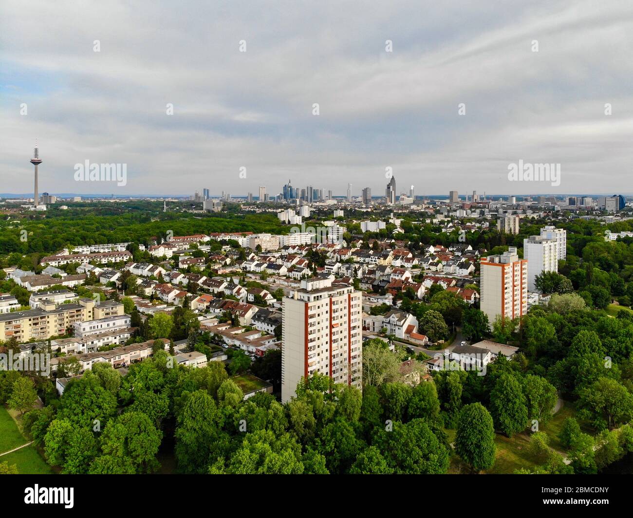 Beautiful aerial view on Frankfurt Skyline Cityscape, Europa Tower at the day from Nidda Park in Hausen. Hesse, Hessen,  Germany. Stock Photo