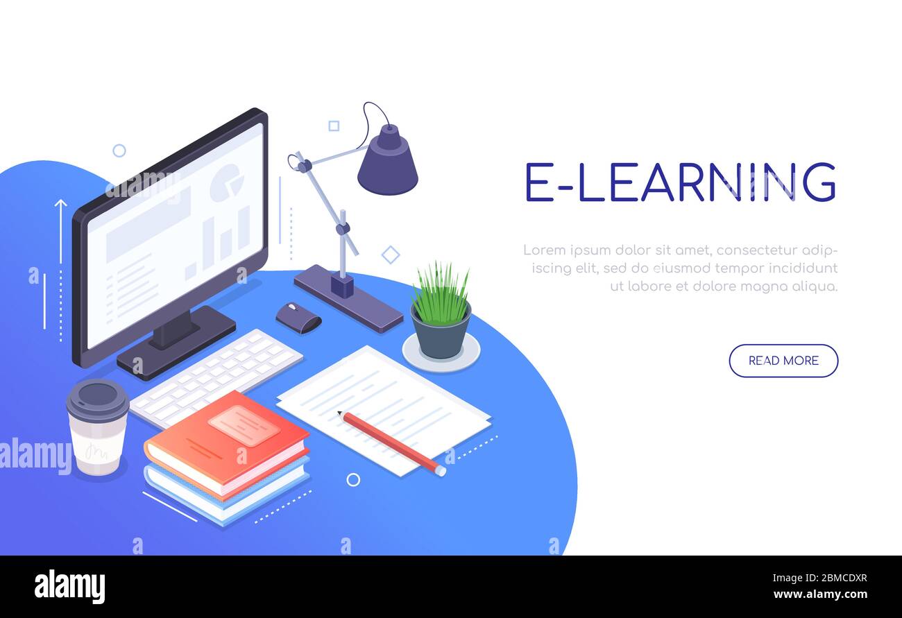 E-learning concept - modern colorful isometric web banner Stock Vector