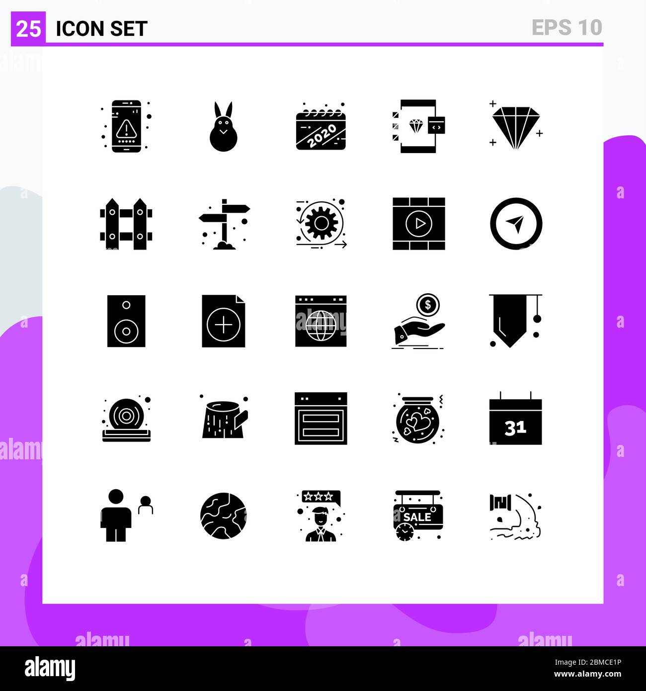 Modern Set of 25 Solid Glyphs and symbols such as development, coding, rabbit, browser, celebration Editable Vector Design Elements Stock Vector