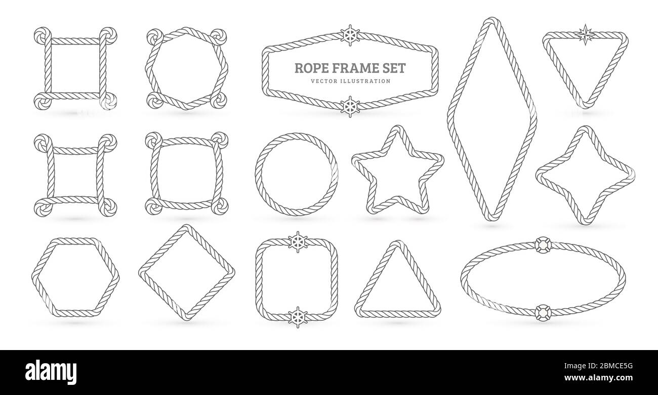 Nautical ropes, creative outline borders set. Marine empty contour frames isolated pack. Thin line square, circle, star shapes. Vector illustrations Stock Vector