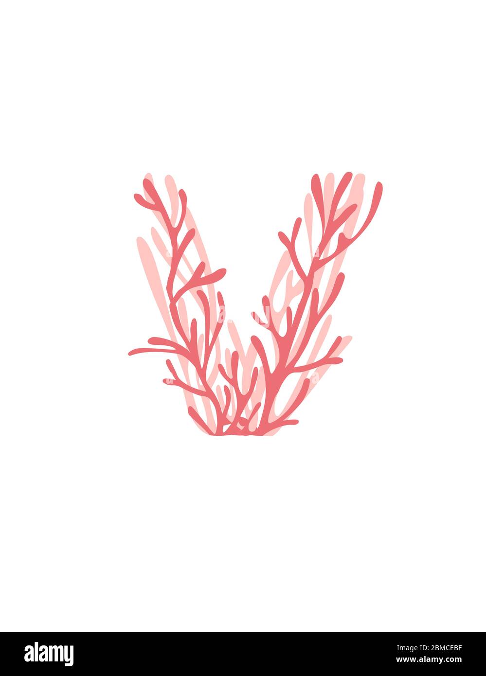 Letter V pink colored seaweeds underwater ocean plant sea coral elements flat vector illustration on white background Stock Vector