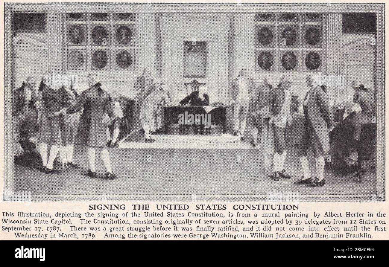 Vintage illustration The Signing of the United States Constitution occurred on September 17, 1787, at Independence Hall in Philadelphia, Pennsylvania. Stock Photo