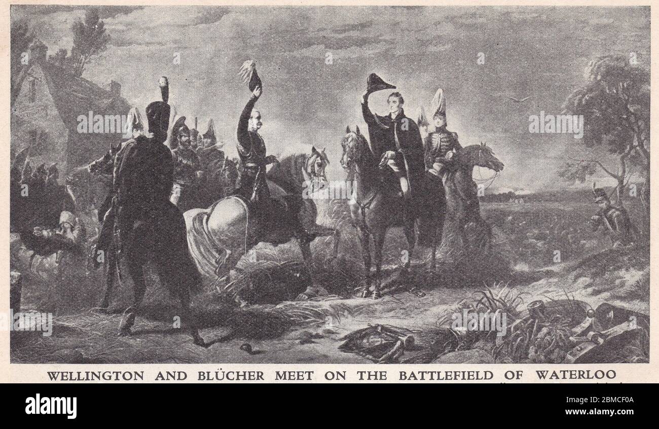 Painting of Wellington and Blucher Meet on The Battlefield of Waterloo - Outside the little inn 'La Belle Alliance' 1815. Stock Photo