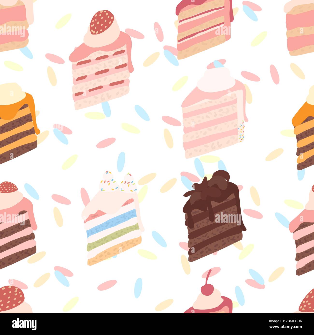 Seamless pattern piece of cake with different ingredients cream-topped