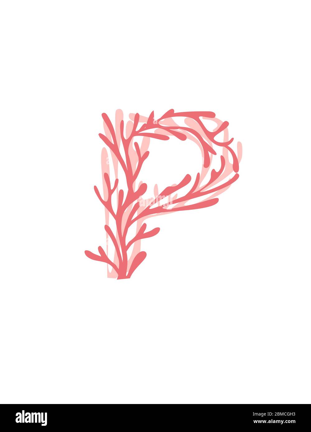 Letter P pink colored seaweeds underwater ocean plant sea coral elements flat vector illustration on white background Stock Vector