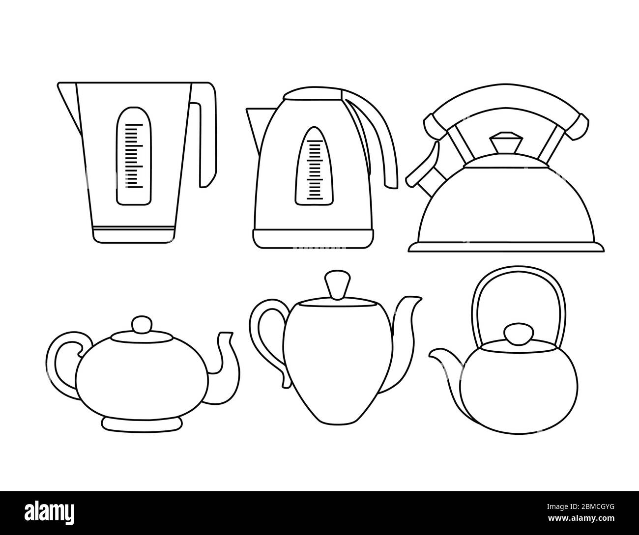 Ceramics and electro kettle set outline style flat vector illustration isolated on white background Stock Vector