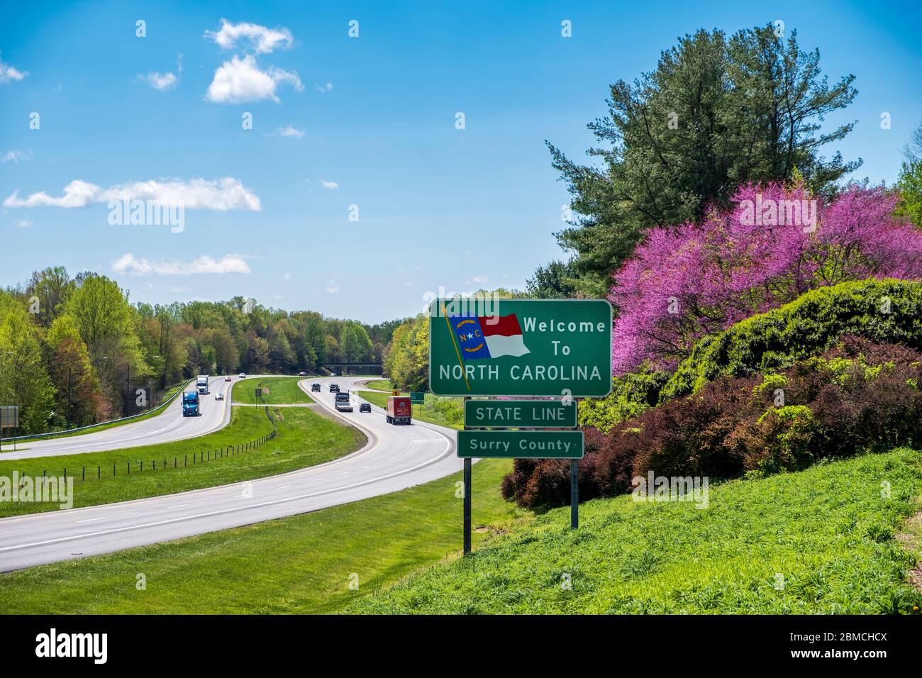 Welcome to North Carolina sign in springtime, on the South Carolina Border, USA Stock Photo
