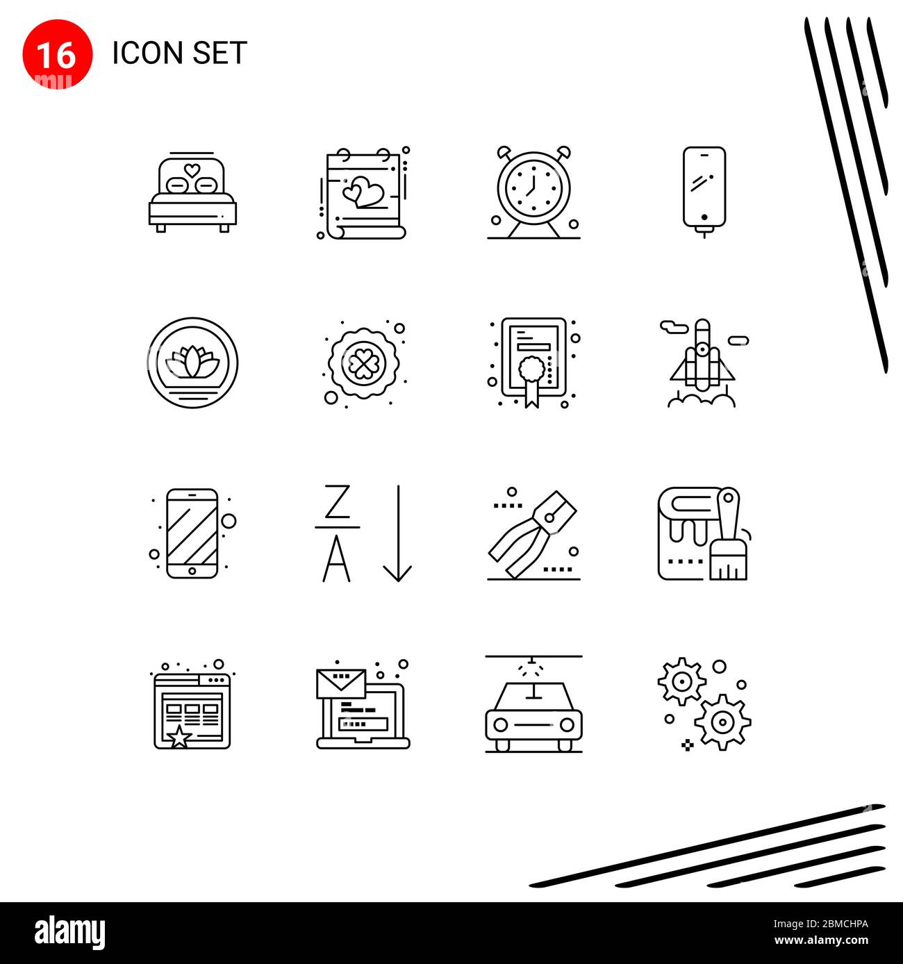 Universal Icon Symbols Group of 16 Modern Outlines of battery, mobile, alarm, smart phone, timer Editable Vector Design Elements Stock Vector