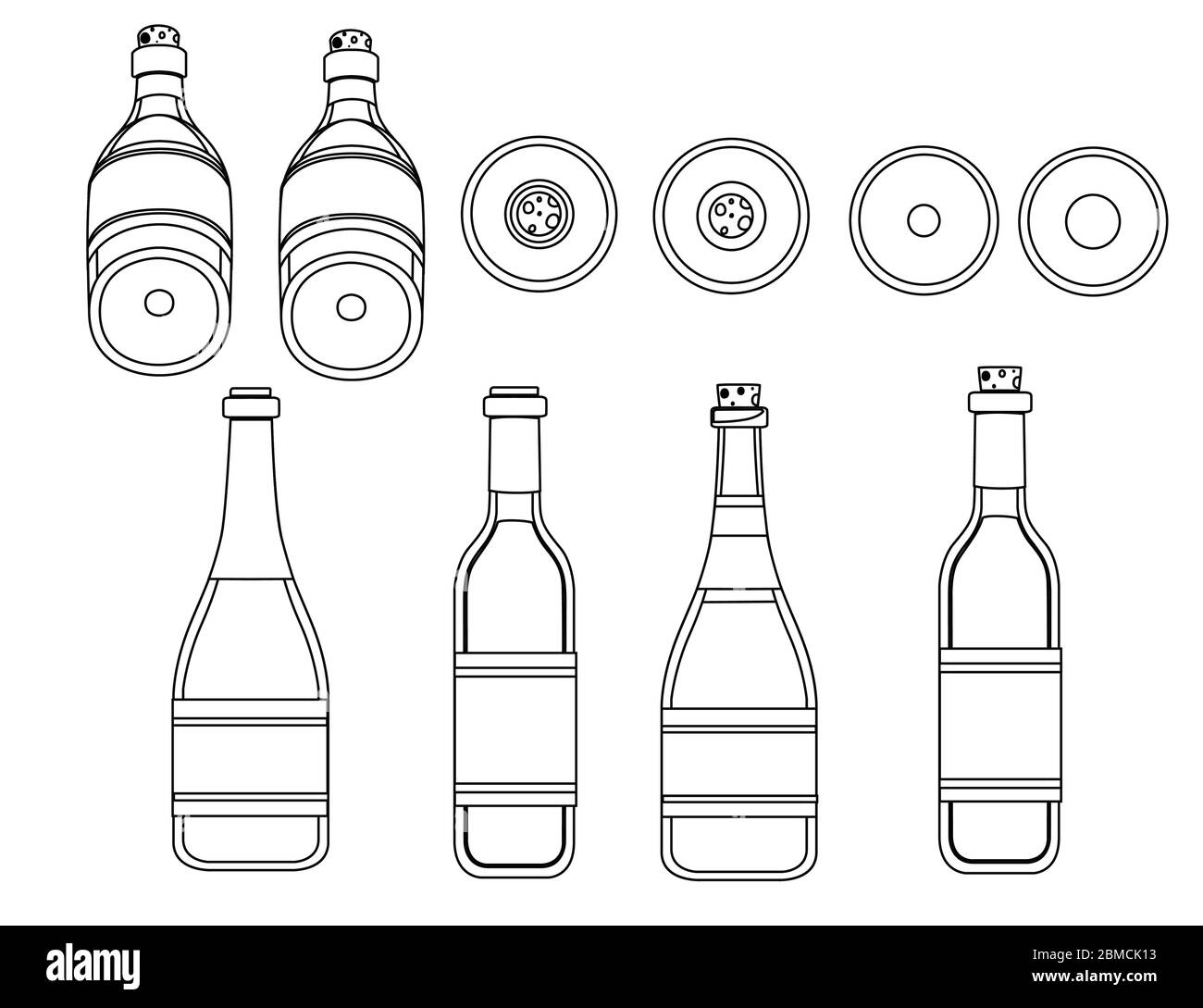 Outline wine glass bottle set flat vector illustration on white